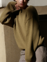 Długi i krótszy bawełniany 100% ZIELONA oliwka khaki sweter z okrągłym dekoltem oversize z naturalnej dzianiny