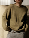 Długi i krótszy bawełniany 100% ZIELONA oliwka khaki sweter z okrągłym dekoltem oversize z naturalnej dzianiny