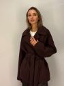 Wełniana czekoladowa kurtka krótki Płaszczyk w ciemnym burgundowym brązie 100% wełny z paskiem 