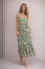 Sukienka w zielony khaki wzór na ramiączka z falbaną CELEBRATION 100% wiskoza