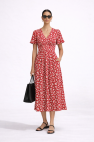 Czerwona Wiskozowa sukienka z rozszerzanym rękawkiem krótkim i ściągaczem pod biustem
