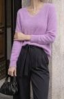 Jasny fioletowy ponadczasowy kaszmirowy sweter z dekoltem V z długim rękawem