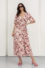 Wiskozowa sukienka kopertowa MAXI na krótki rękaw burgundowo ceglasta w białe kwiaty