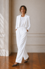 SHOP THE LOOK 6 - garnitur bawełna ecru ciepła biel w delikatne prążki - wersja z krótką marynarką