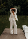 SHOP THE LOOK 7 - garnitur bawełna ecru ciepła biel w delikatne prążki - wersja z długą marynarką 