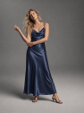 Sukienka granatowa elegancka zwiewna satynowa w dotyku taliowana midi THE FEMININE