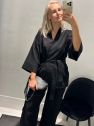 Lniane kimono czarne krótkie z paskiem dodatkowym len 100%