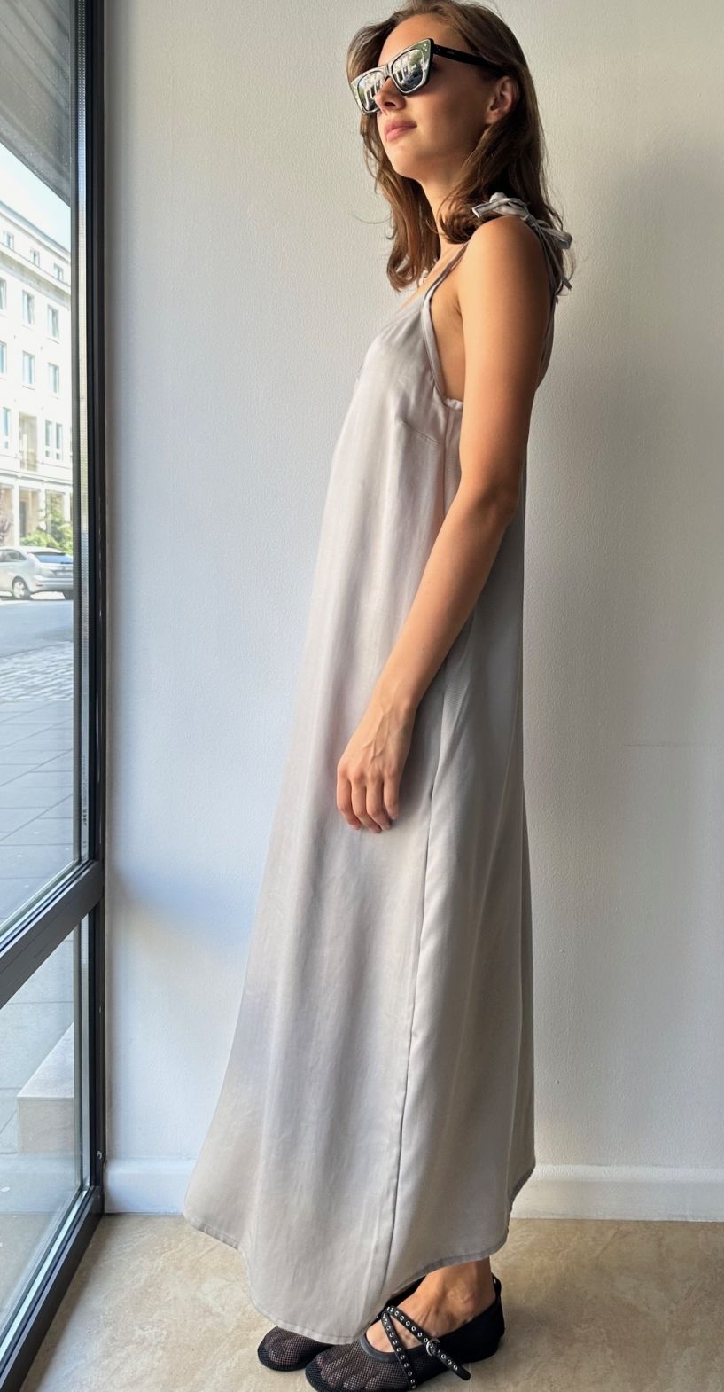 Tencel 100% delikatna przewiewna maxi długa sukienka beżowo szara maxi