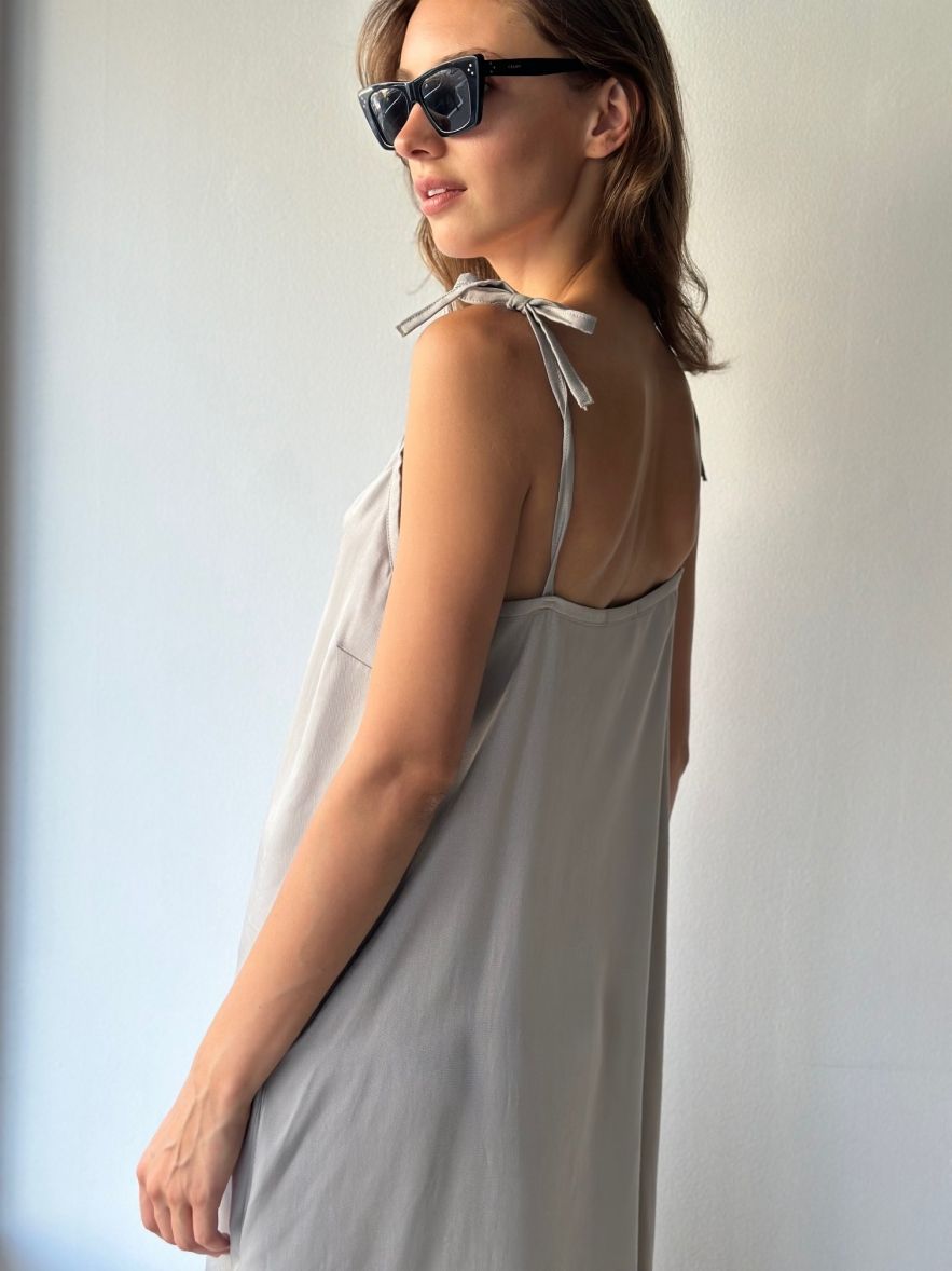 Tencel 100% delikatna przewiewna maxi długa sukienka beżowo szara maxi