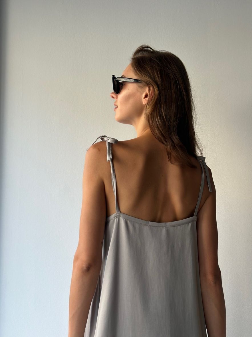 Tencel 100% delikatna przewiewna maxi długa sukienka beżowo szara maxi