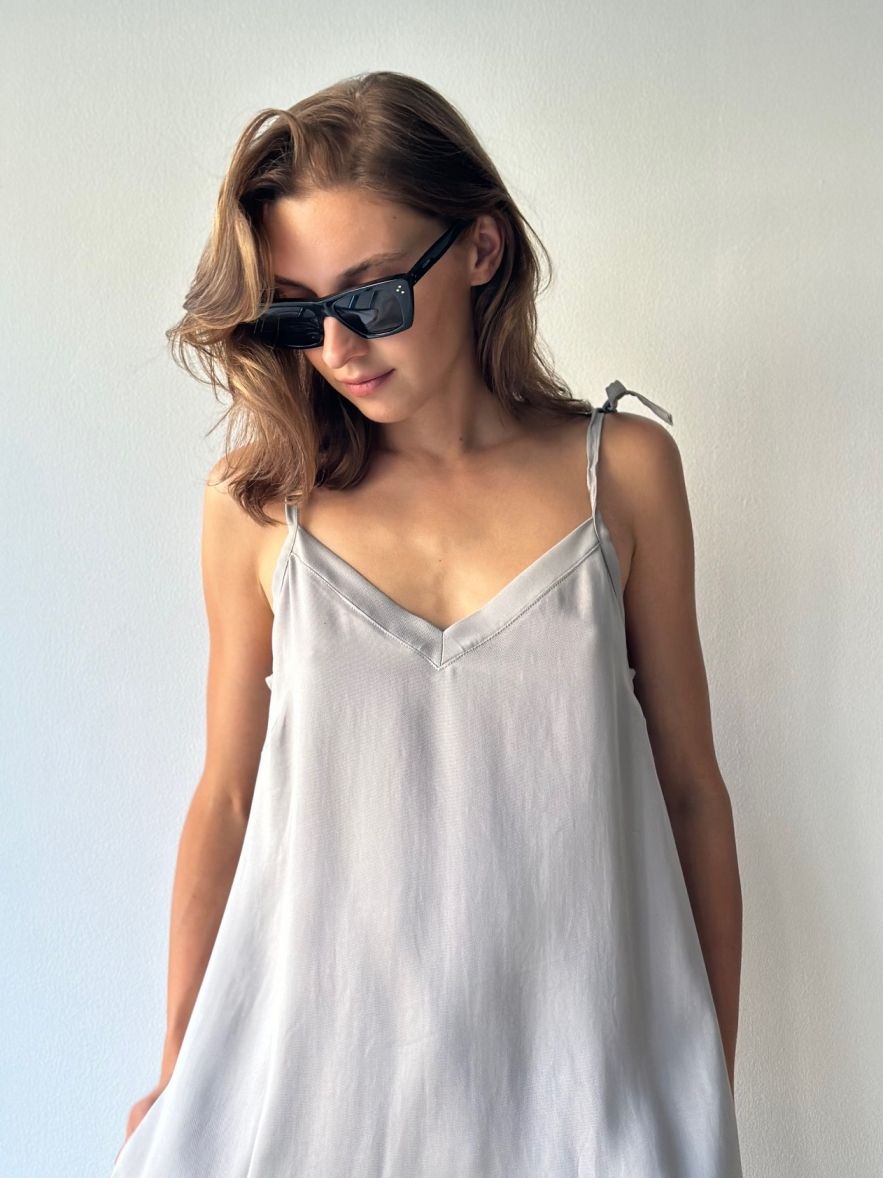 Tencel 100% delikatna przewiewna maxi długa sukienka beżowo szara maxi