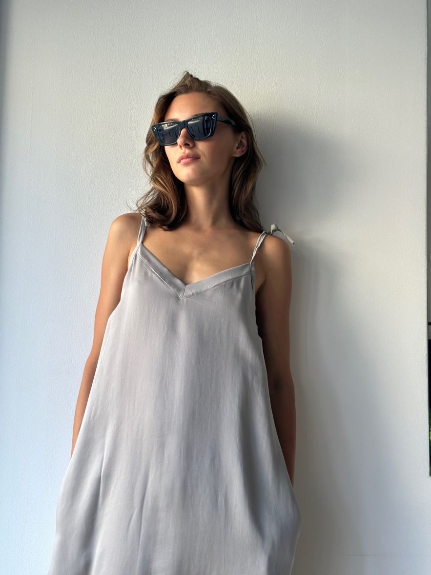 Tencel 100% delikatna przewiewna maxi długa sukienka beżowo szara maxi
