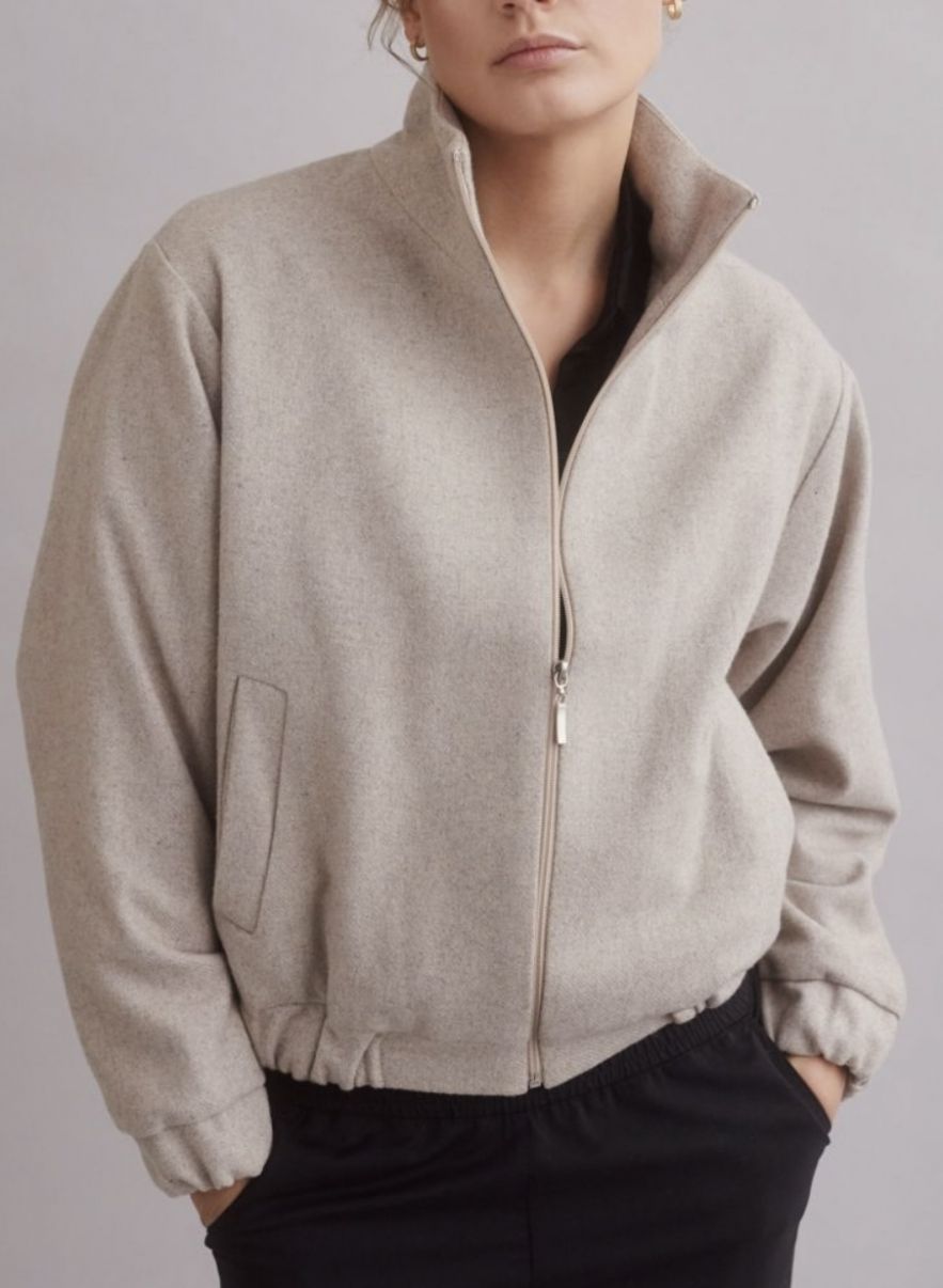 100% WEŁNIANA Kurtka BOMBER ASPEN LOOK melanżowy beż Z WĄSKIM REKAWEM 