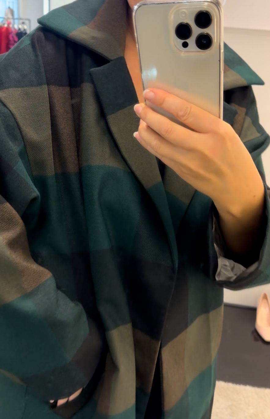 Płaszcz wełniany 100% wełna duża zielona krata Kurtka Ciepła Narzutka