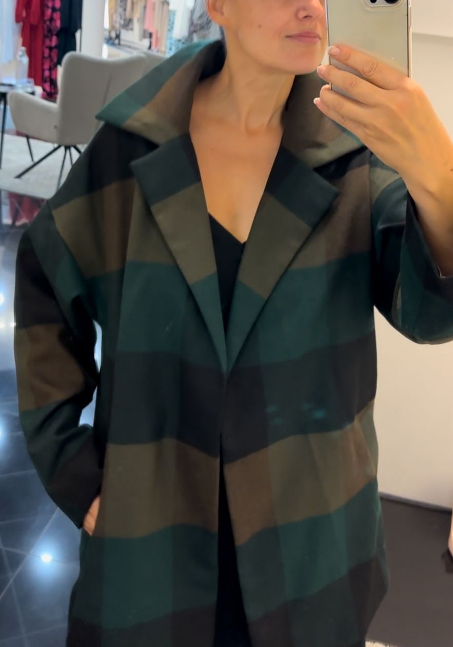 Płaszcz wełniany 100% wełna duża zielona krata Kurtka Ciepła Narzutka