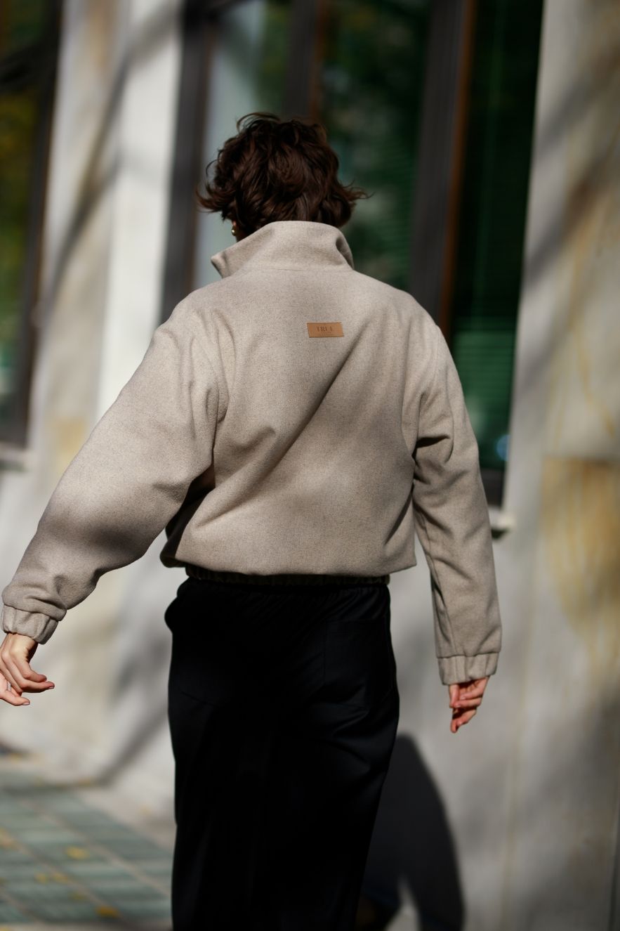 100% WEŁNIANA Kurtka BOMBER ASPEN LOOK melanżowy beż z klasycznym REKAWEM 
