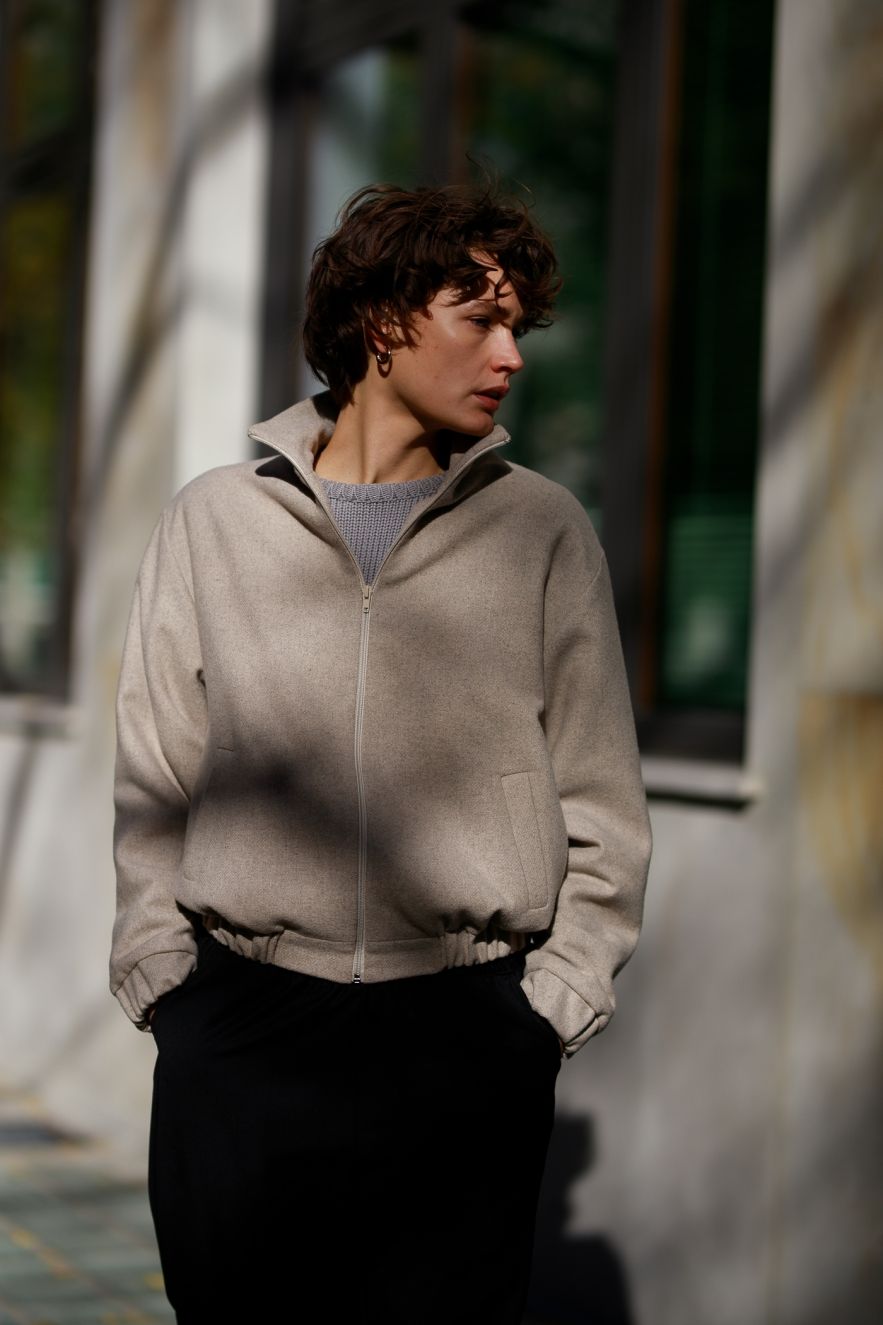 100% WEŁNIANA Kurtka BOMBER ASPEN LOOK melanżowy beż z klasycznym REKAWEM 