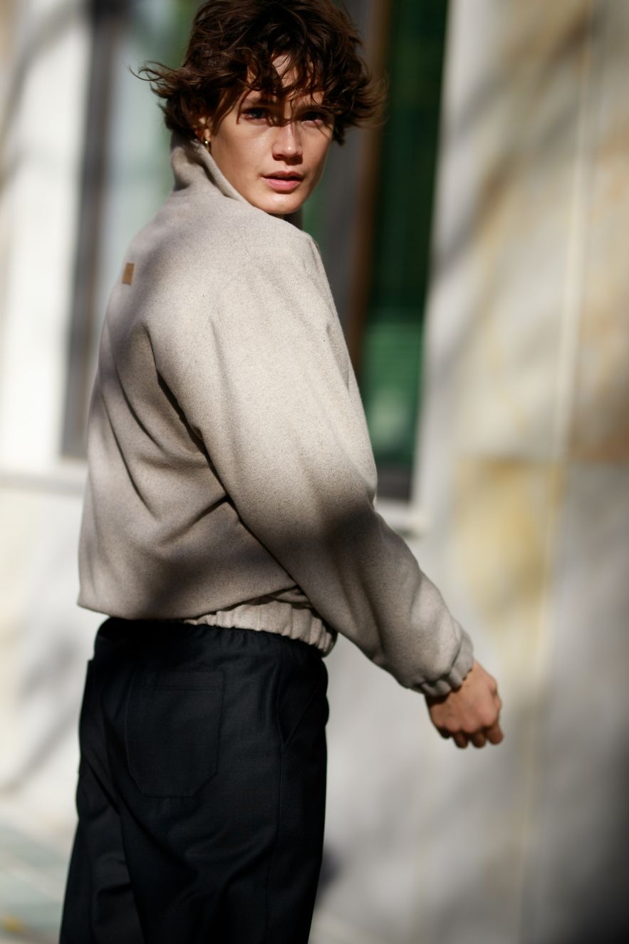100% WEŁNIANA Kurtka BOMBER ASPEN LOOK melanżowy beż z klasycznym REKAWEM 
