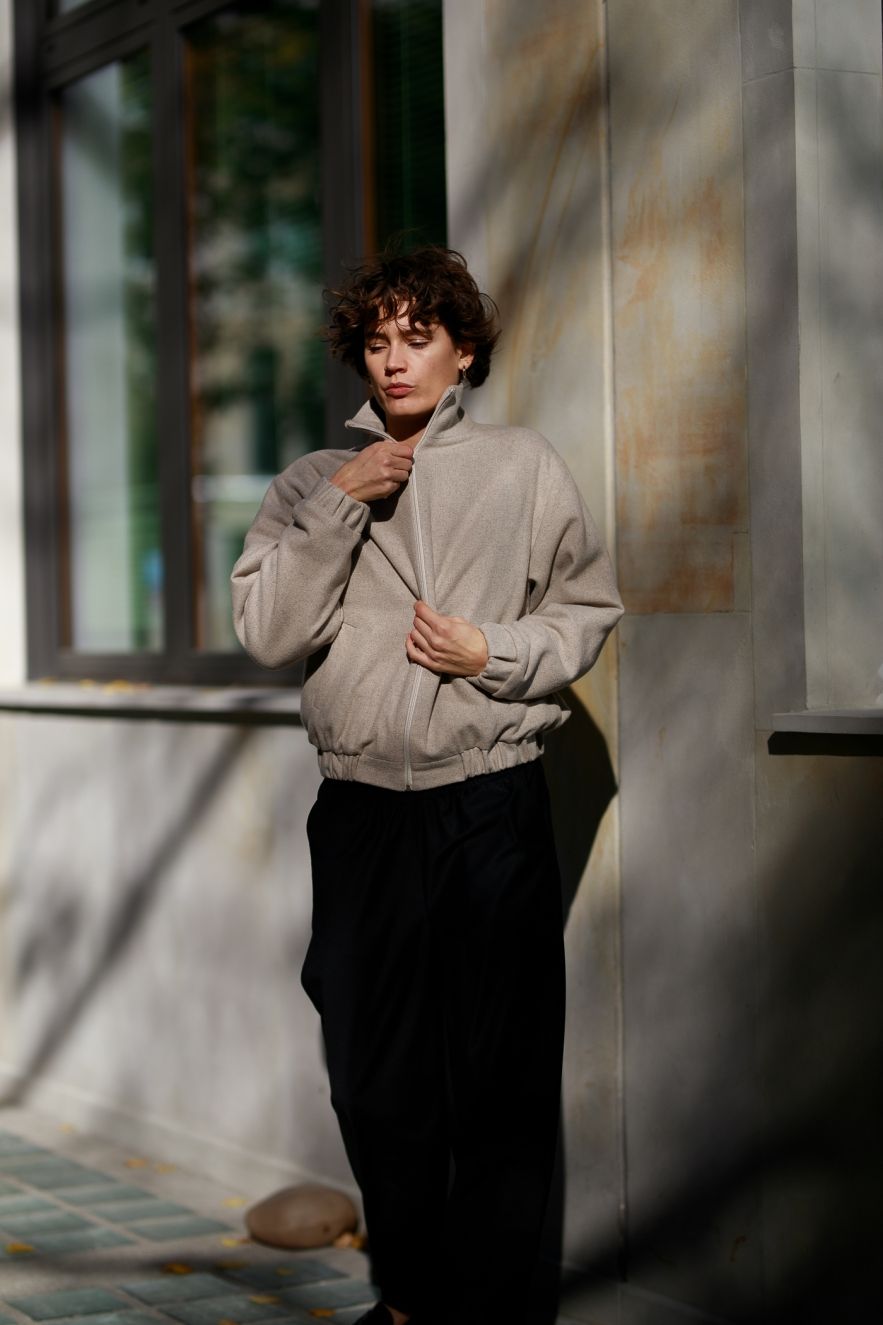 100% WEŁNIANA Kurtka BOMBER ASPEN LOOK melanżowy beż z klasycznym REKAWEM 