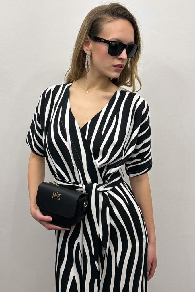 Sukienka kopertowa PARIS PARIS LONG midi wiskozowa czarno-biały print zebra z szerokim paskiem 100% wiskoza włoska