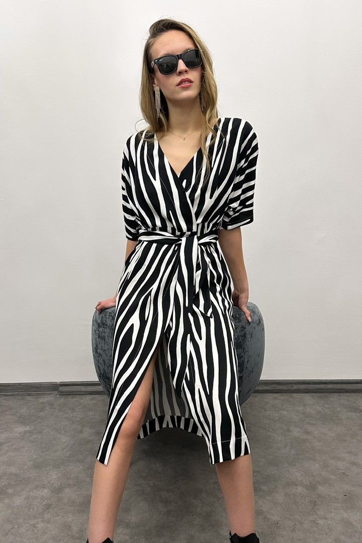 Sukienka kopertowa PARIS PARIS LONG midi wiskozowa czarno-biały print zebra z szerokim paskiem 100% wiskoza włoska