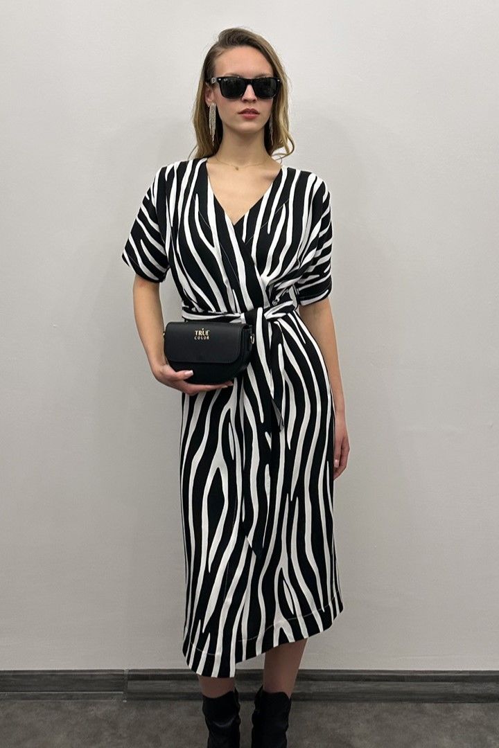 Sukienka kopertowa PARIS PARIS LONG midi wiskozowa czarno-biały print zebra z szerokim paskiem 100% wiskoza włoska