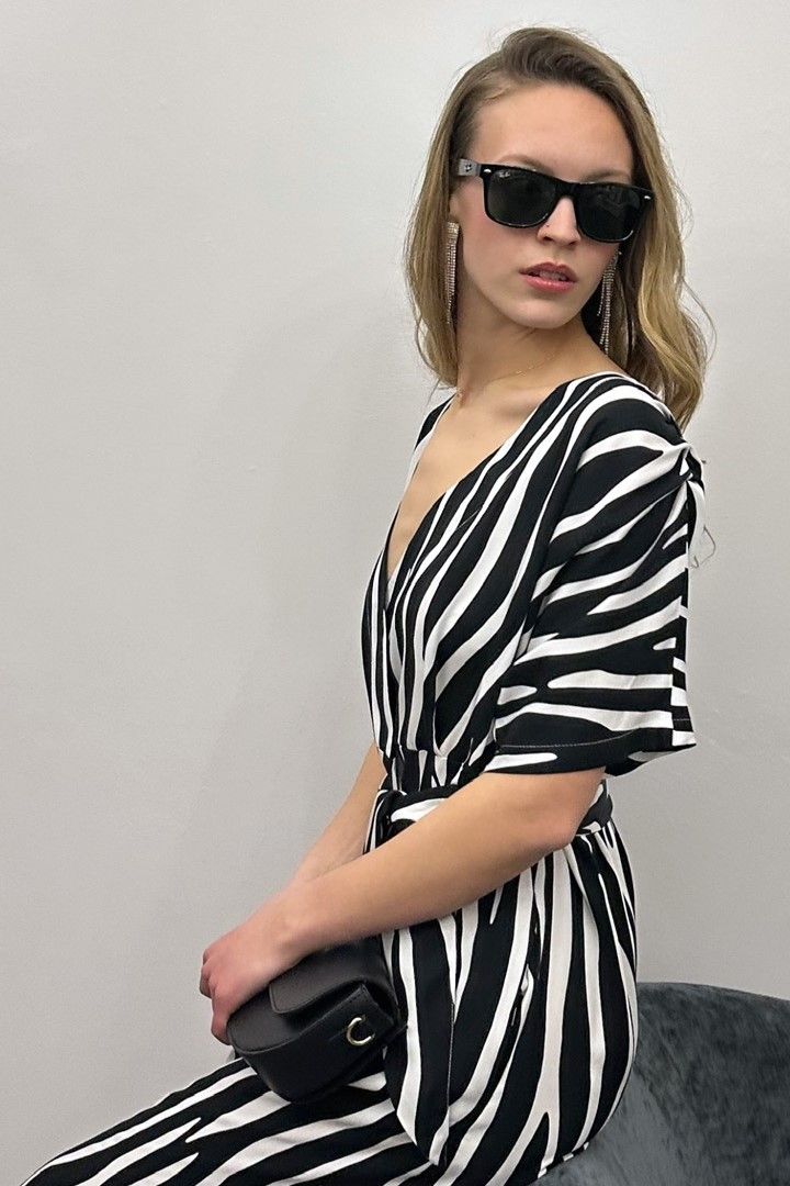 Sukienka kopertowa PARIS PARIS LONG midi wiskozowa czarno-biały print zebra z szerokim paskiem 100% wiskoza włoska