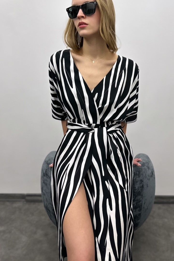Sukienka kopertowa PARIS PARIS LONG midi wiskozowa czarno-biały print zebra z szerokim paskiem 100% wiskoza włoska