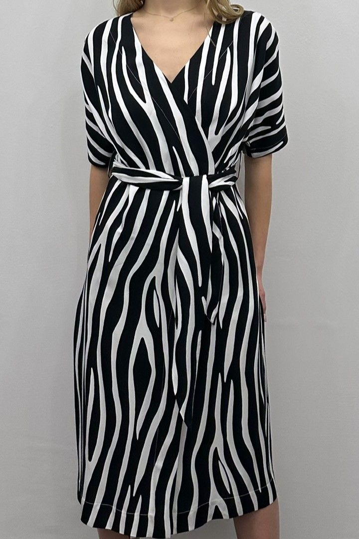 Sukienka kopertowa PARIS PARIS LONG midi wiskozowa czarno-biały print zebra z szerokim paskiem 100% wiskoza włoska
