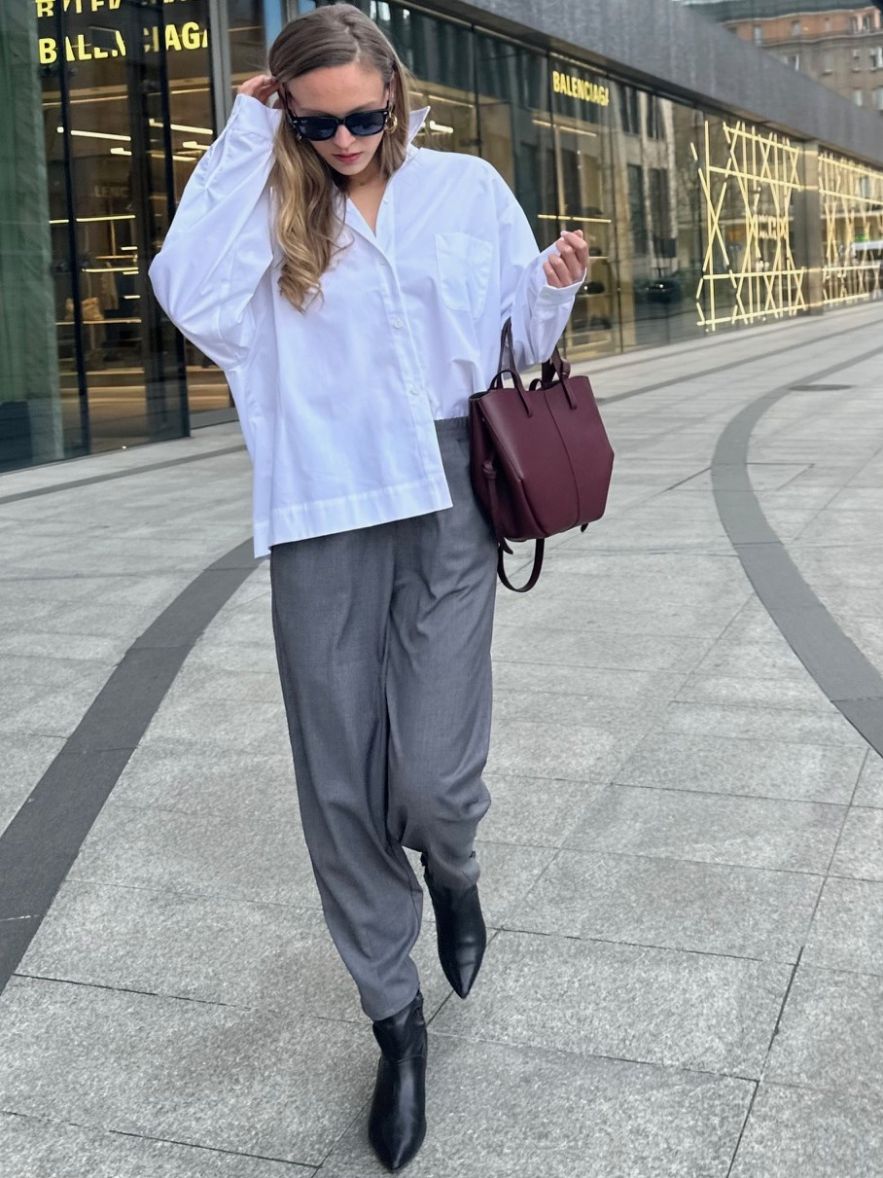 SHOP THE LOOK 1 - klasyczna koszula bawełniana ze spodniami wełnianymi i torebką skórzaną