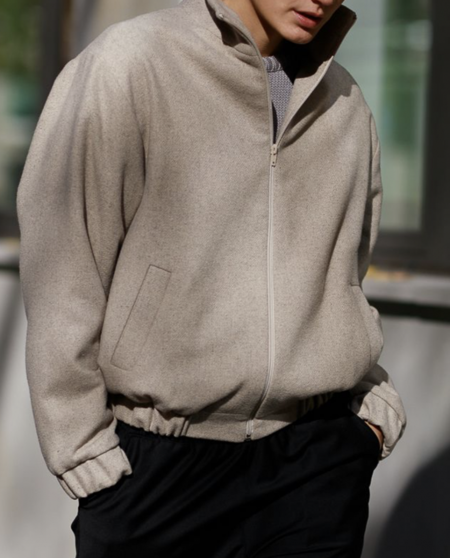 100% WEŁNIANA Kurtka BOMBER ASPEN LOOK melanżowy beż z klasycznym REKAWEM 