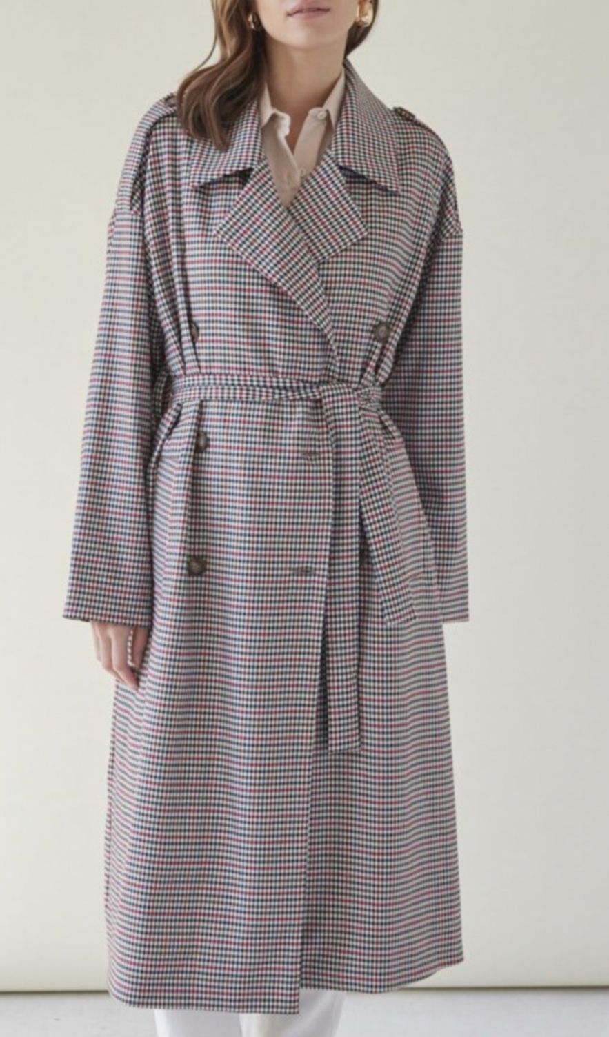 Oversizeowy stylowy przejsciowy Płaszcz wełna 100% z pagonami oversize w kratkę pepitkę brąz czerwień czerń 