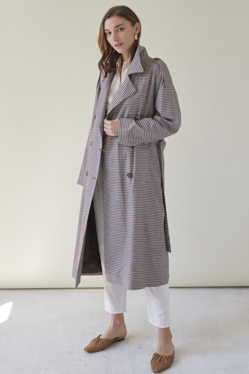 Oversizeowy stylowy przejsciowy Płaszcz wełna 100% z pagonami oversize w kratkę pepitkę brąz czerwień czerń 