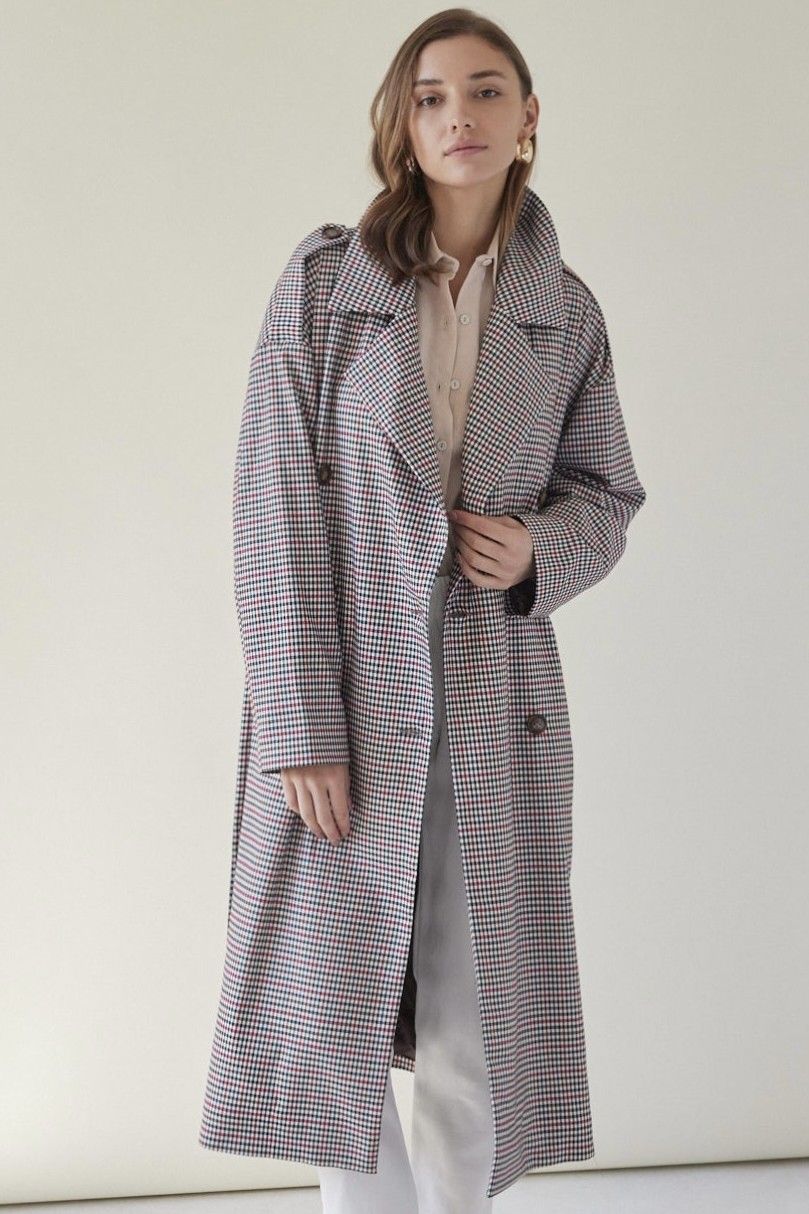 Oversizeowy stylowy przejsciowy Płaszcz wełna 100% z pagonami oversize w kratkę pepitkę brąz czerwień czerń 