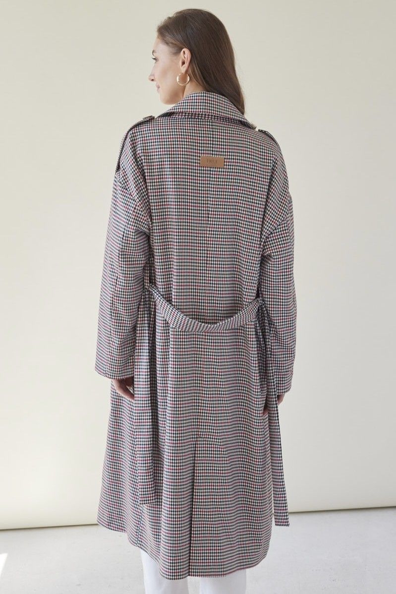 Oversize przejściowy płaszcz wełna 100% z pagonami PEPITKA RED w kratkę pepitkę - brąz czerwień czerń biel