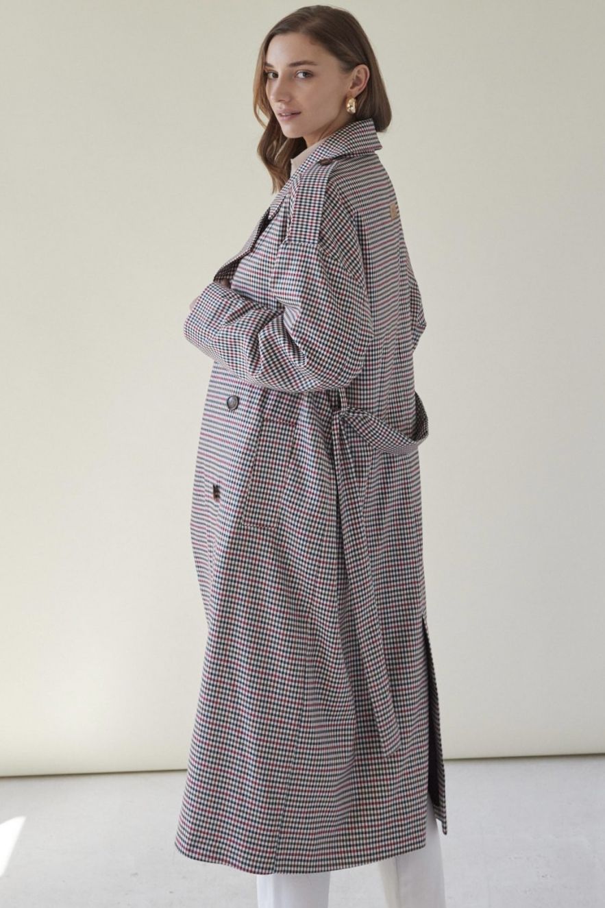 Oversizeowy stylowy przejsciowy Płaszcz wełna 100% z pagonami oversize w kratkę pepitkę brąz czerwień czerń 