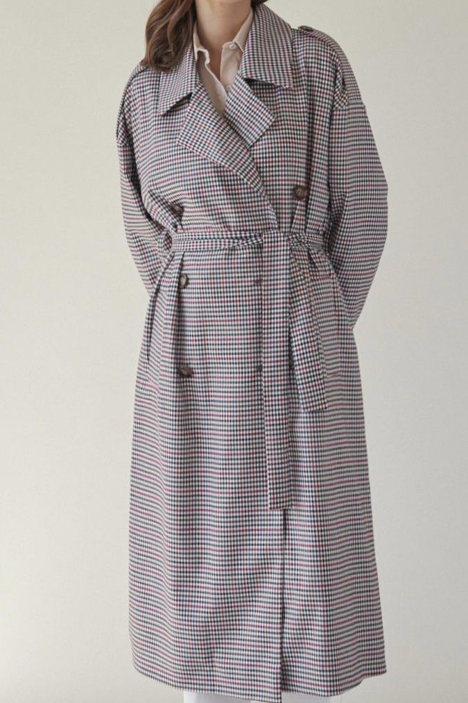 Oversizeowy stylowy przejsciowy Płaszcz wełna 100% z pagonami oversize w kratkę pepitkę brąz czerwień czerń 