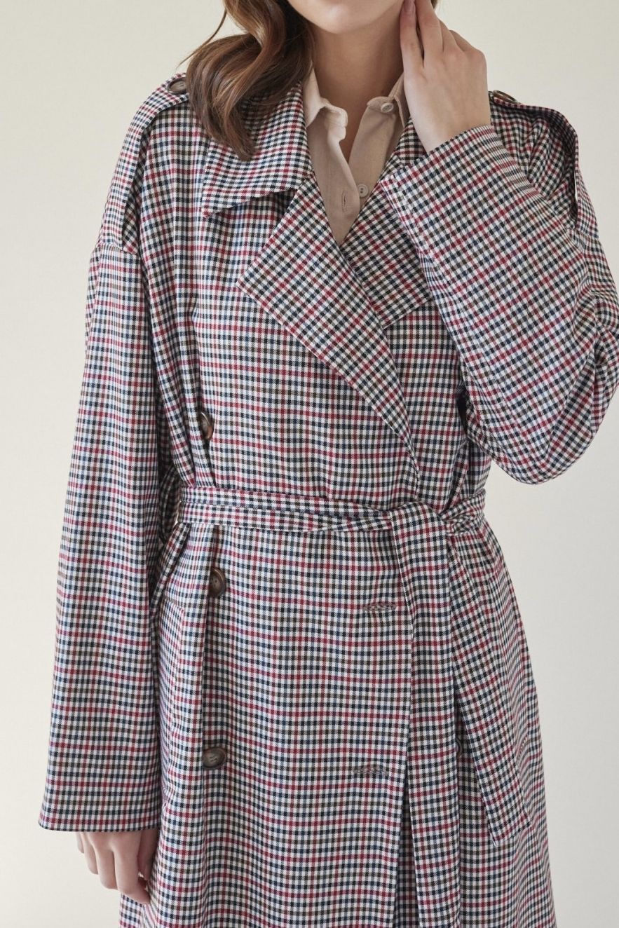 Oversize przejściowy płaszcz wełna 100% z pagonami PEPITKA RED w kratkę pepitkę - brąz czerwień czerń biel