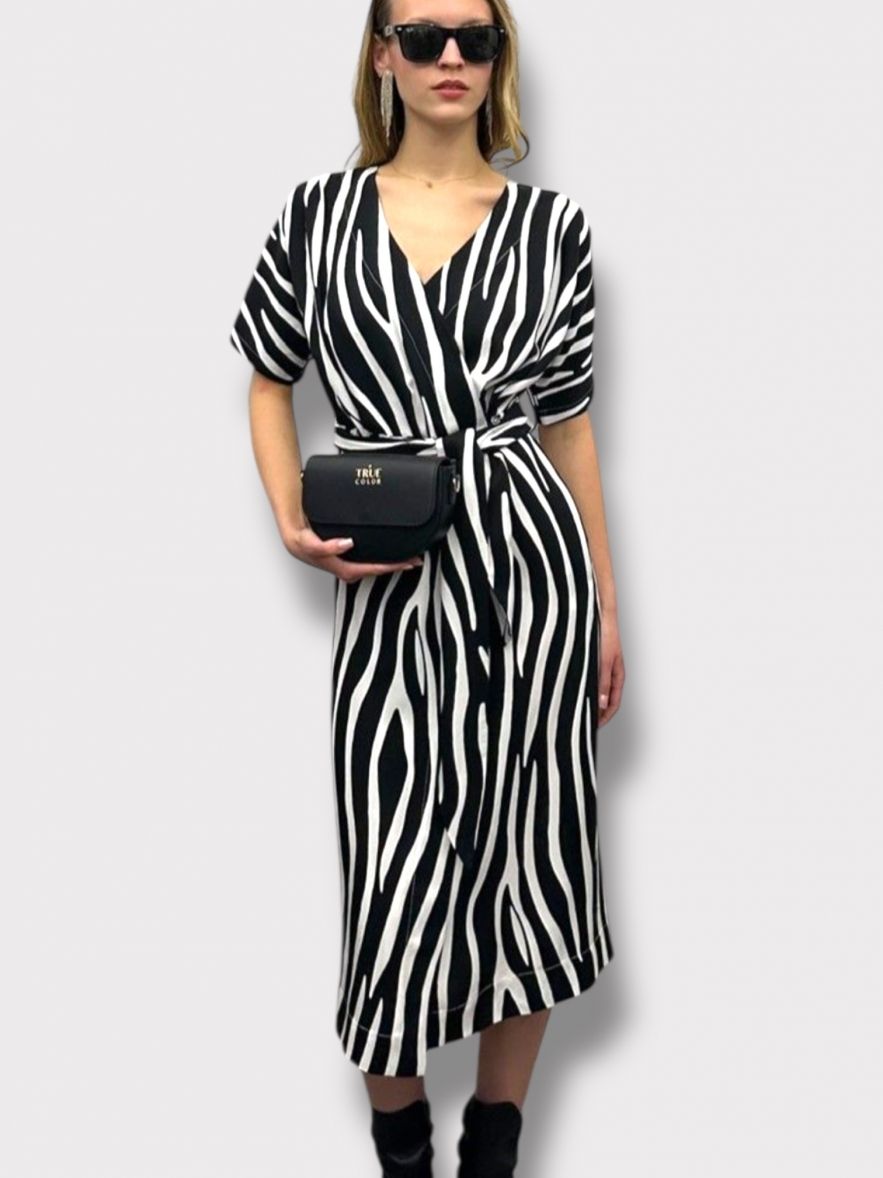 Sukienka kopertowa PARIS PARIS LONG midi wiskozowa czarno-biały print zebra z szerokim paskiem 100% wiskoza włoska