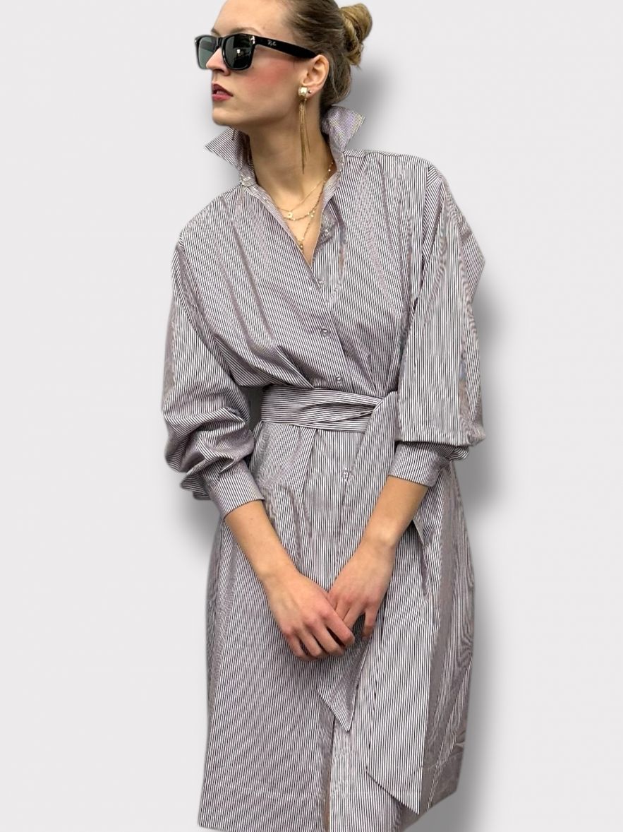 Bawełniana Sukienka koszulowa MY STYLE LONG No 2. z paskiem biała w paski brązowo/fioletowe 100% bawełna  