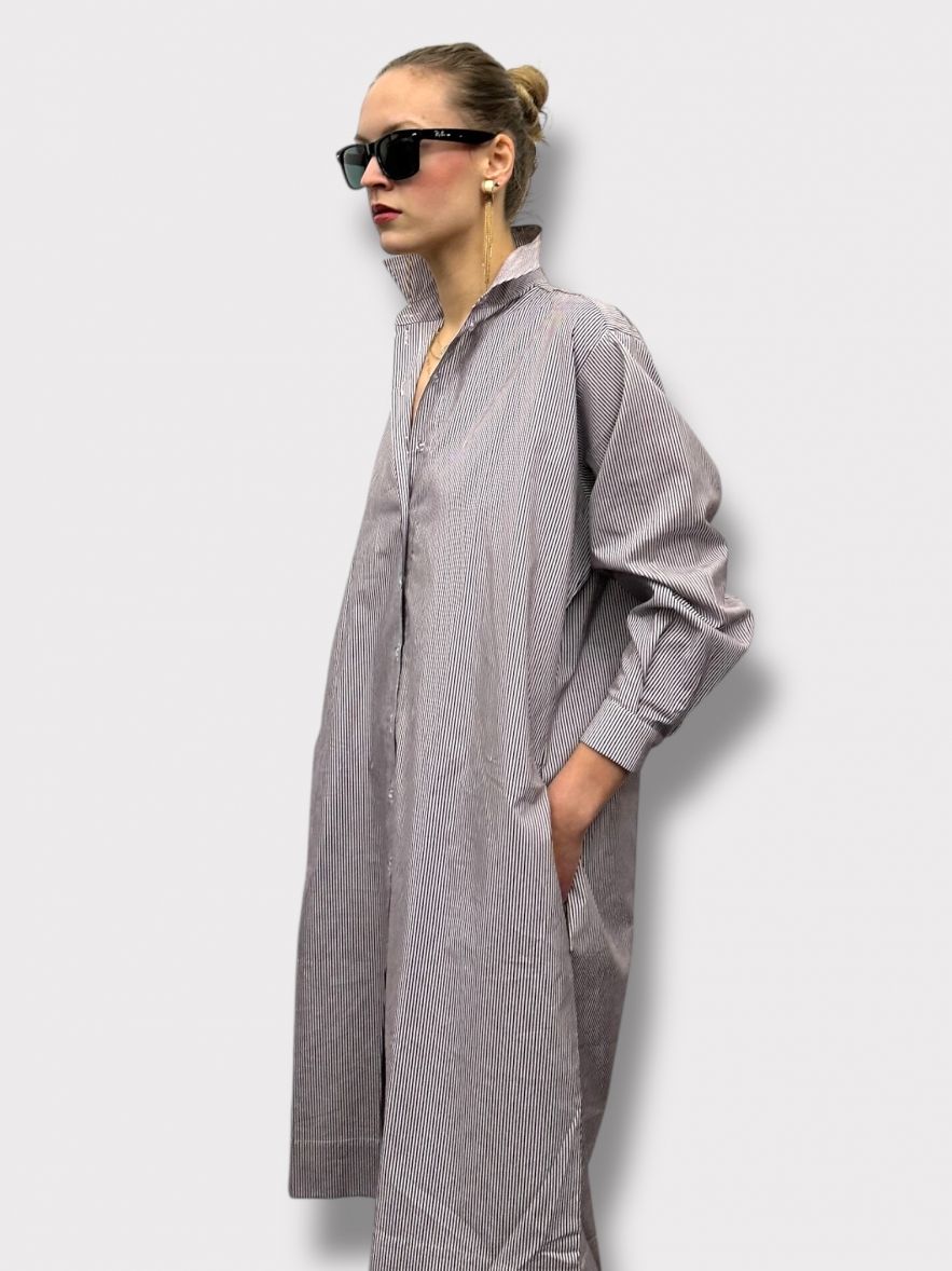 Bawełniana Sukienka koszulowa MY STYLE LONG No 2. z paskiem biała w paski brązowo/fioletowe 100% bawełna  