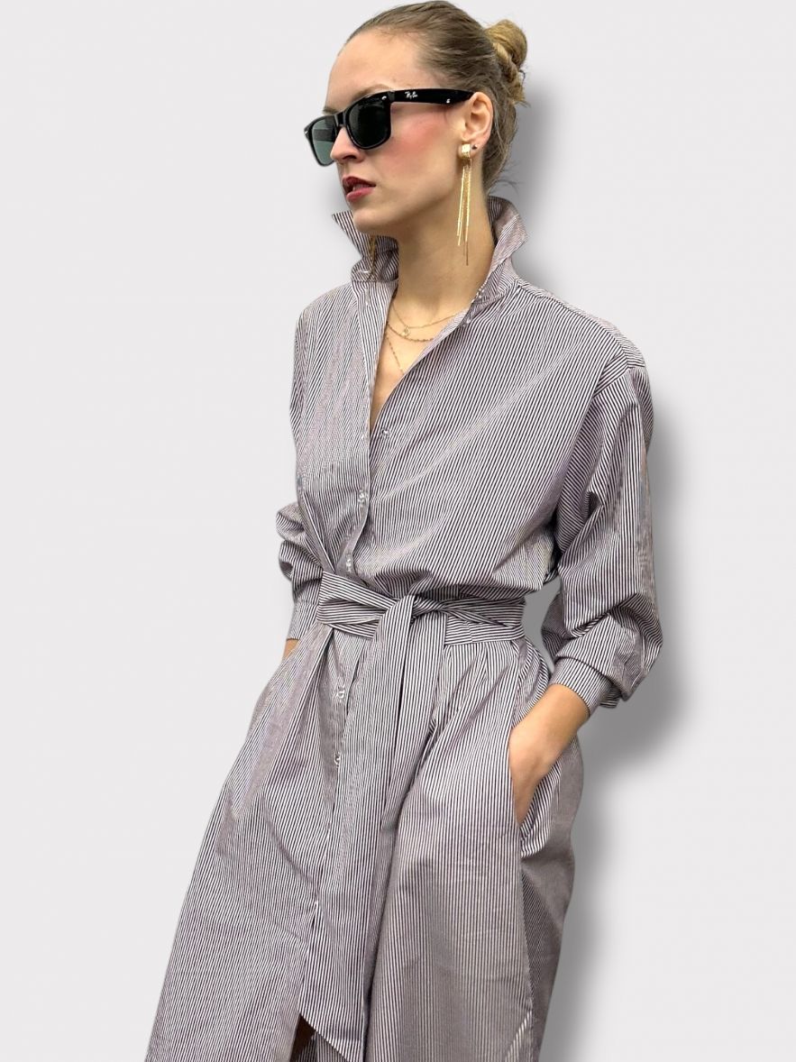 Bawełniana Sukienka koszulowa MY STYLE LONG No 2. z paskiem biała w paski brązowo/fioletowe 100% bawełna  