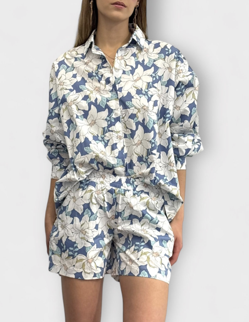 SHOP THE LOOK 9 - komplet bawełna w kwiaty na lato szorty i koszula - krótkie spodenki i góra z tej samej lekkiej włoskiej bawełny