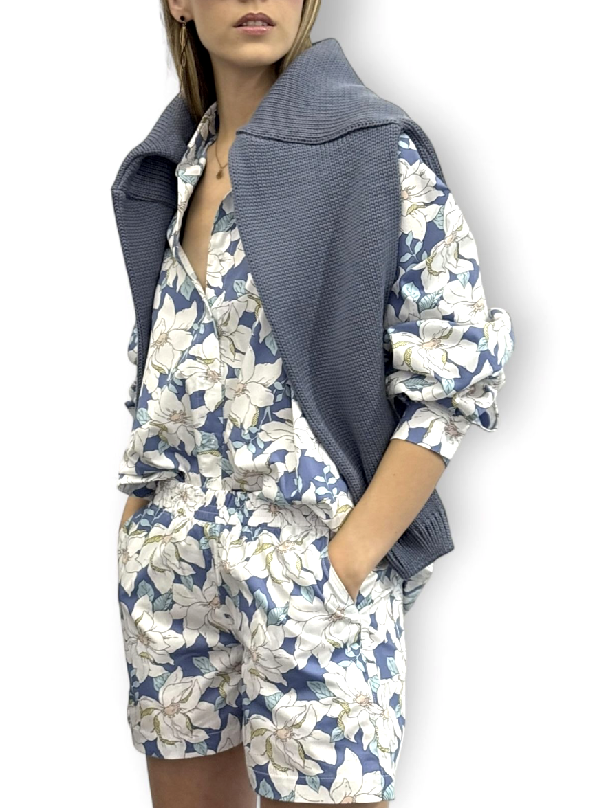 SHOP THE LOOK 11 - komplet bawełna w kwiaty szorty krótkie spodenki i koszula oraz sweter BAWEŁNA BLUE