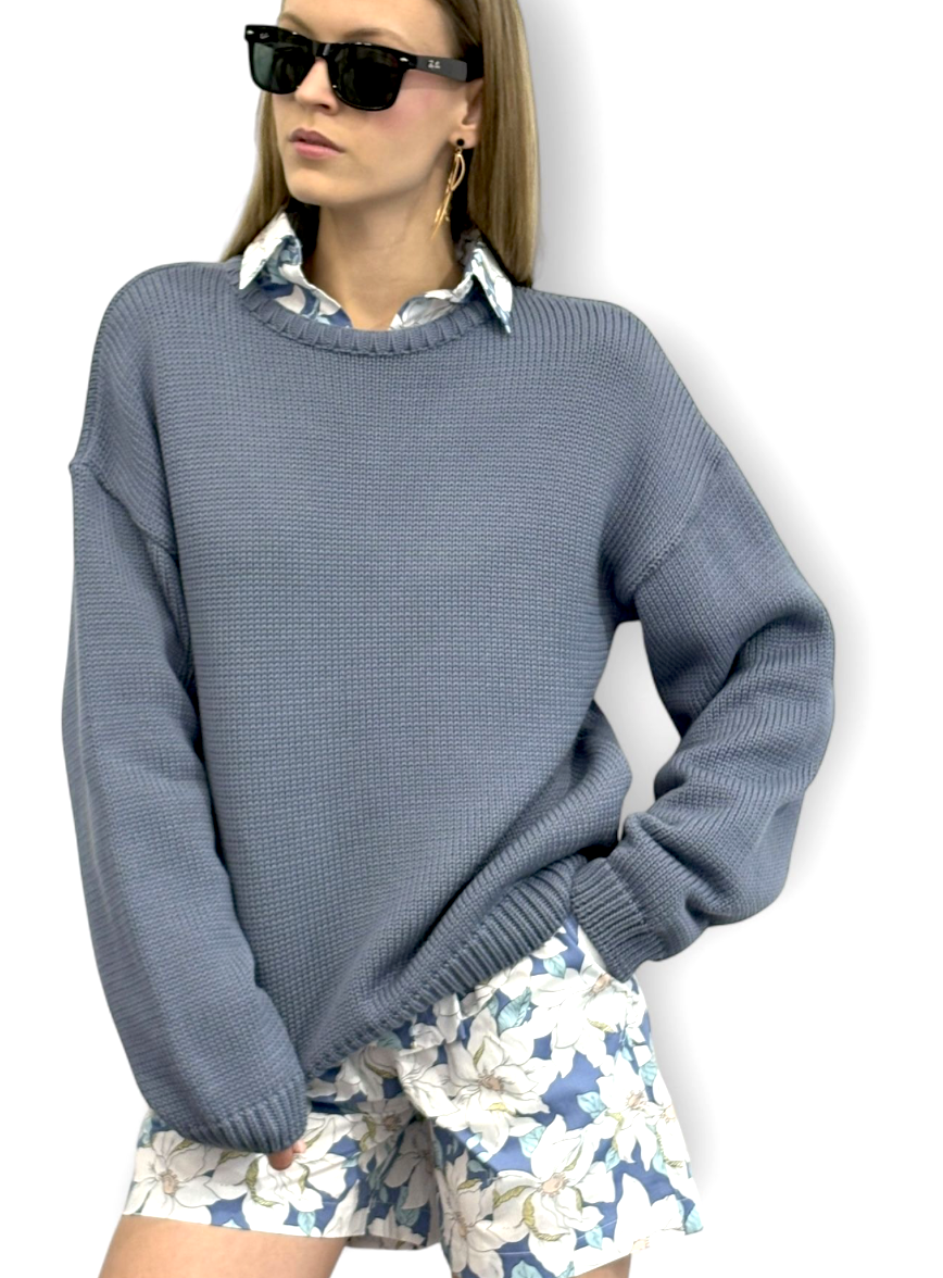 SHOP THE LOOK 11 - komplet bawełna w kwiaty szorty krótkie spodenki i koszula oraz sweter BAWEŁNA BLUE