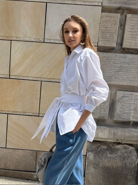 Bawełniana koszula długa MY STYLE LONG No 2. z paskiem biała 100% bawełna