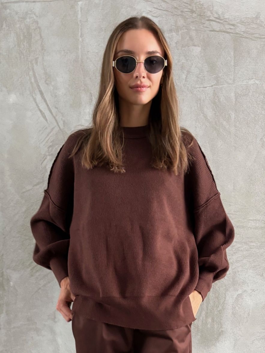 Sweter miękki czekoladowy brąz wełna wiskoza
