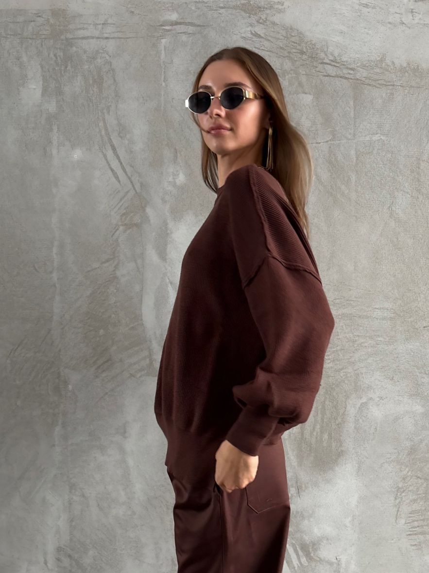 Sweter miękki czekoladowy brąz wełna wiskoza