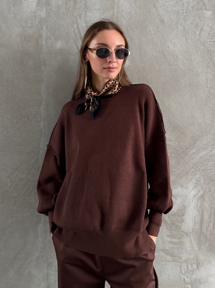Sweter miękki czekoladowy brąz wełna wiskoza