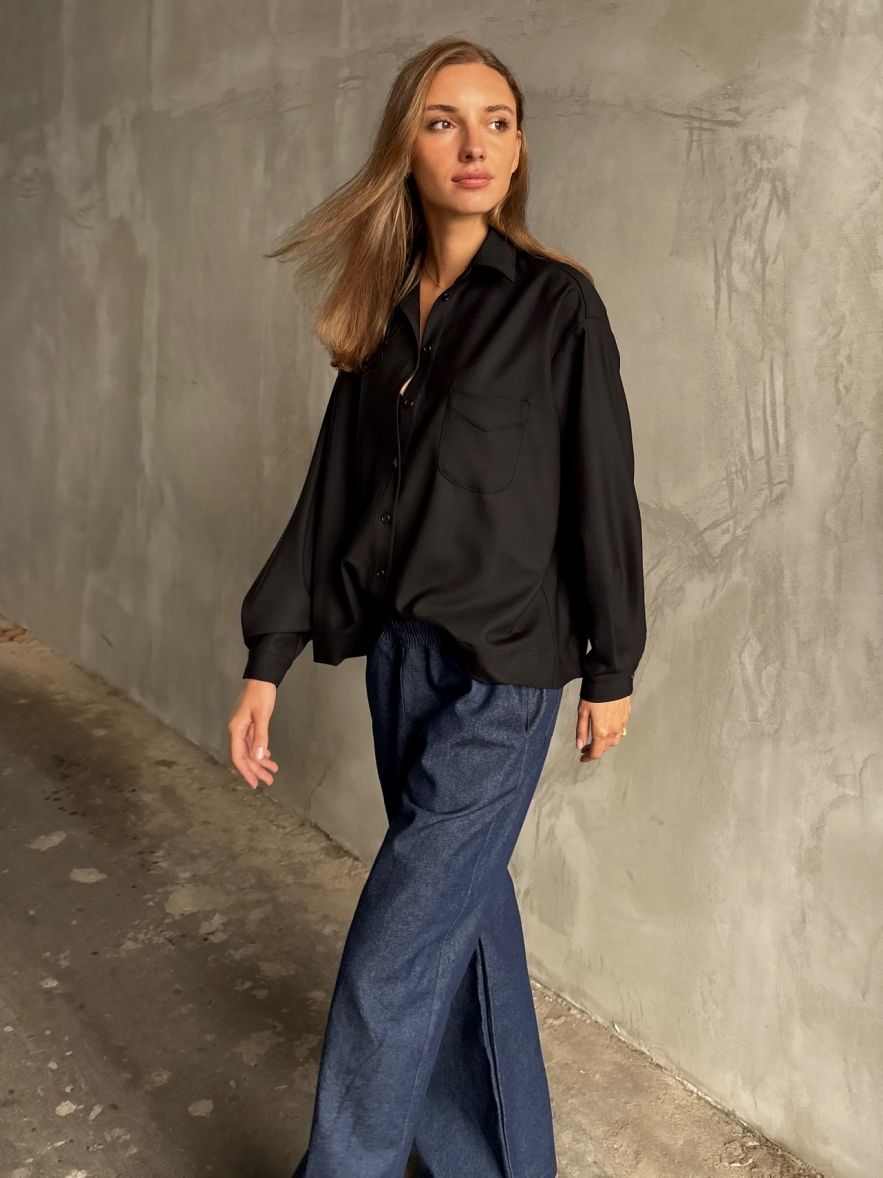 Oversize czarna koszula  z czystej wełny VIRGIN wool miękkiej
